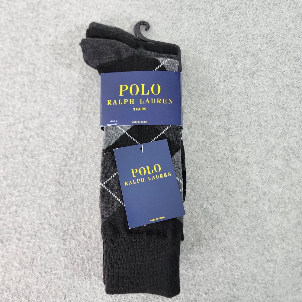 Polo Ralph Lauren 3 Pair Mens Size 10-13 Dress Socks Black Gray Argyle